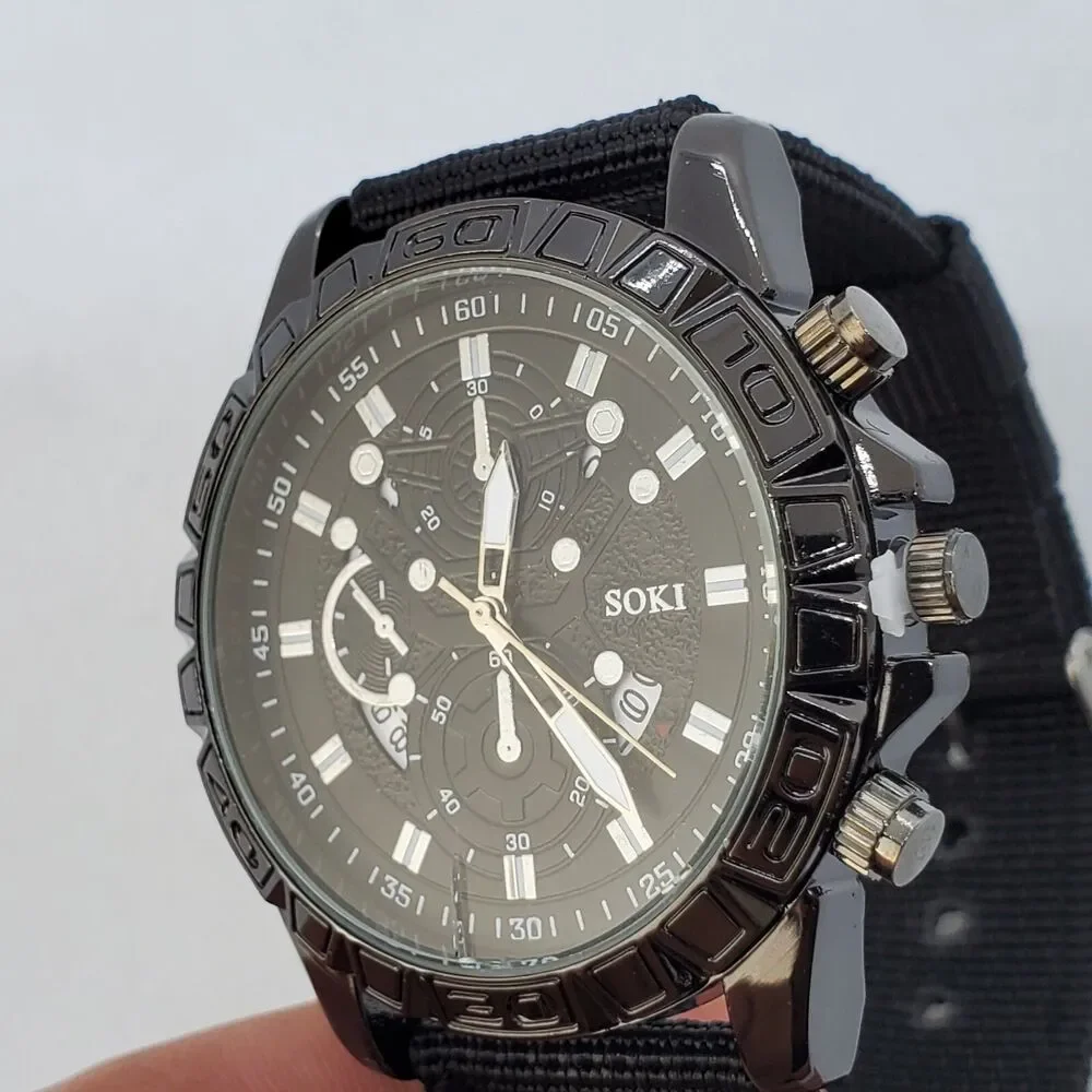 Men's Watch 42MM Black Case‎ Black Dial Date Indicator Black Canvas Band Straps